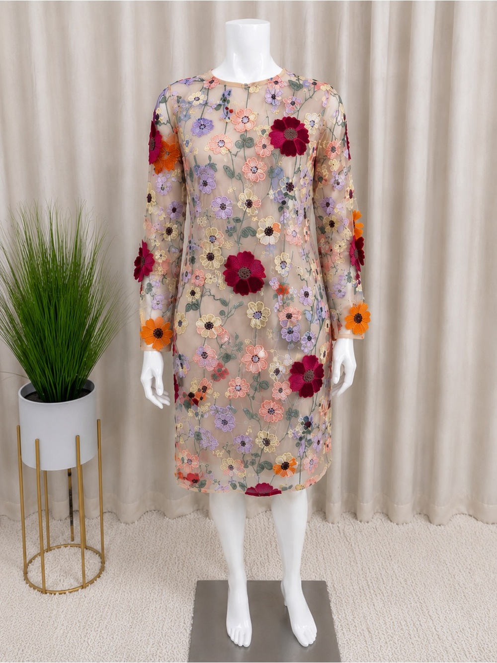Sheer Floral Embroidered Shift Dress in Multi